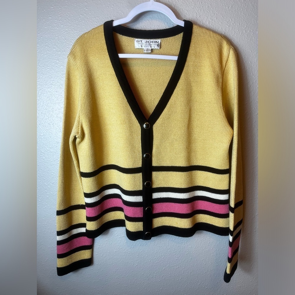 St.John Essentials by Marie Gray Yellow Striped V Neck Cardigan Size M